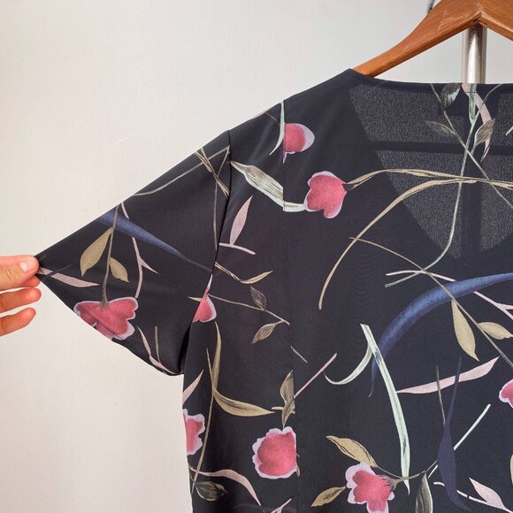 🍂90s Vintage Black Purple  Floral Maxi Dress Short Sleeves Mother-of-Pearl - Picture 6 of 7